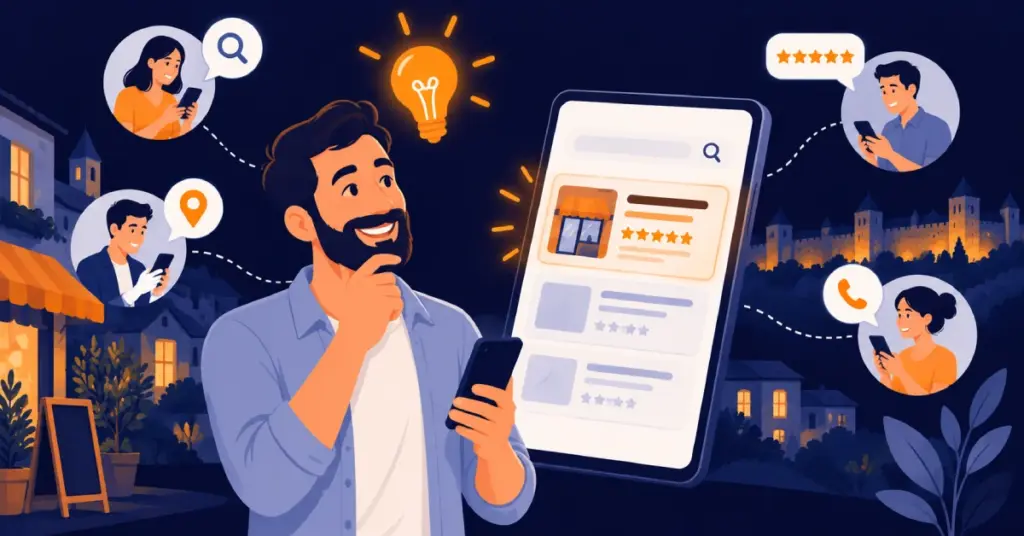 Illustration dirigeant de TPE decouvrant que ses clients le cherchent sur Google et les intelligences artificielles