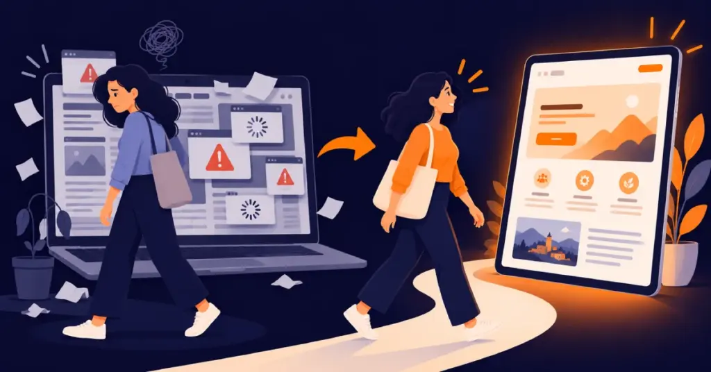 Illustration : visiteur qui quitte un site internet à cause d'éléments obsolètes et peu professionnels