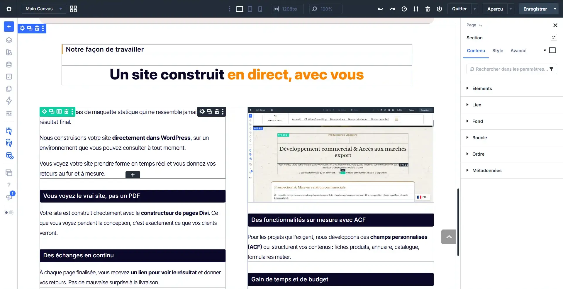 Capture ecran Divi Builder mise en page