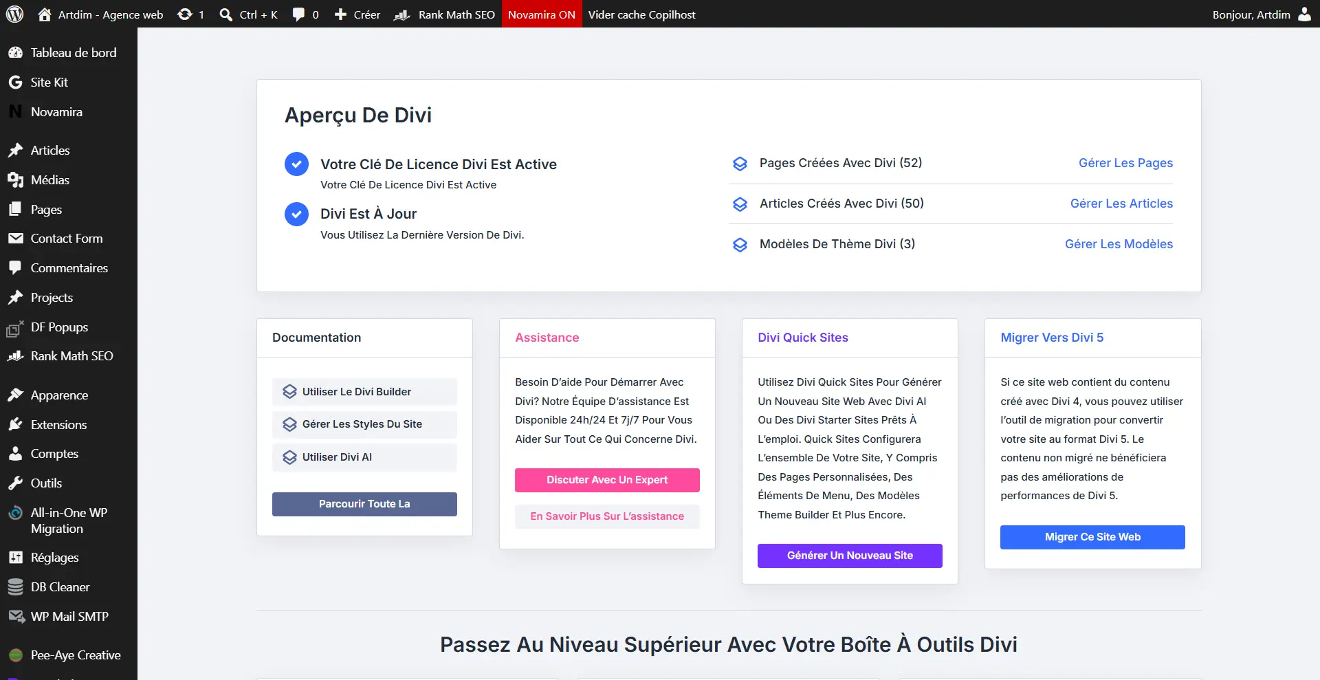 Capture ecran Tableau De Bord Divi CMS WordPress