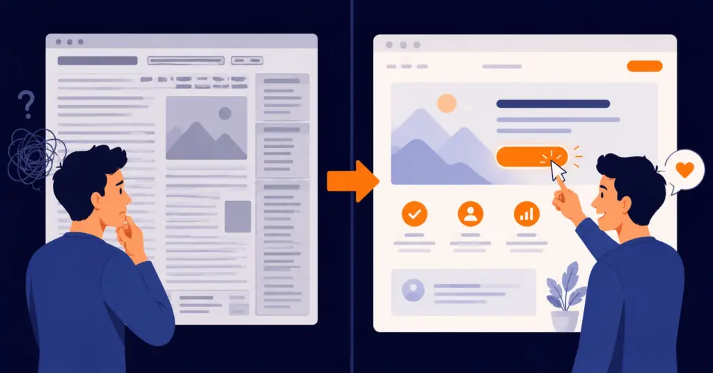 Illustration comparaison entre un site internet confus qui fait fuir et un site professionnel qui convertit les visiteurs en clients