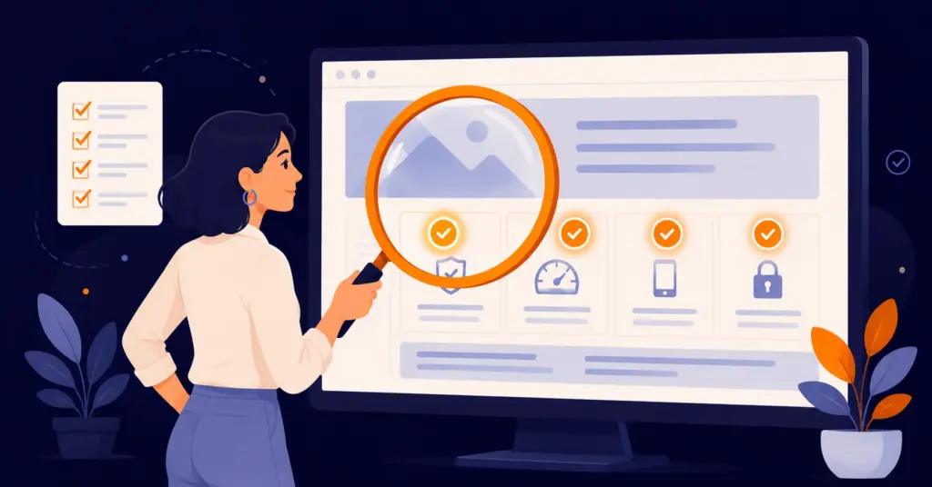 Illustration : diagnostic de site internet professionnel avec quatre points de vérification pour améliorer la conversion