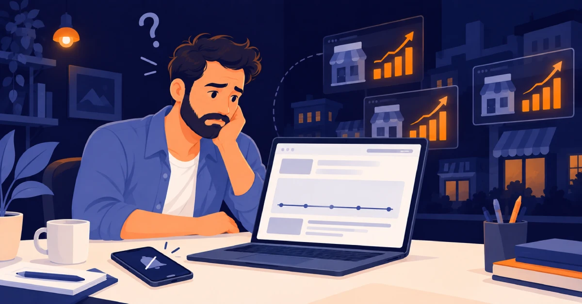 Illustration dirigeant de TPE frustré devant un site internet qui ne génère aucun appel ni demande de devis